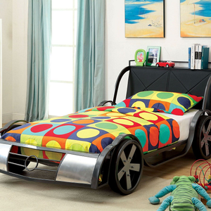 Item # 015TB Twin Racer Car Bed - Available in Full Size<br><br>Durable Metal Construction<br><br>Headboard Shelf<br><Br>Leatherette Headboard<br><br>Mattress Ready<br><br>Silver & Gunmetal Frame<Br><br>