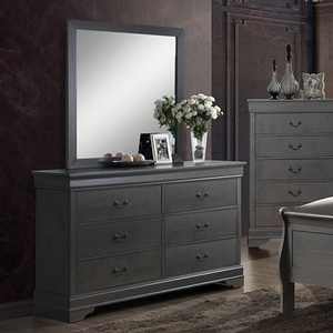 Item # 279DR Grey Dresser - Style Contemporary<br>
Color/Finish Gray<br>
Material Solid wood, wood veneer, others<br>
Hardware Pewter hanging pulls<br>
Product Dimension Dresser 58 3/8