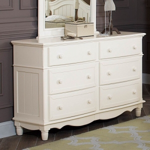 Item # 037DR 6 Drawer Dresser - Wooden knob hardware stands boldly against the double bow-fronted case goods<br><br>