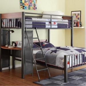 Item # MLB004 - Perches above the built-in student desk is the twin bed with metal framing that lends an air of contemporary style and a light graphite finish<br><br>