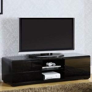 Item # 013MCH Media Chest Stand - Finished in white or black high gloss lacquer, this modern TV console has room for the largest TV, full extension drawers for storage and open shelving for easy access to media components.