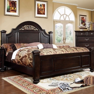 Item # 034Q Queen Bed - Transitional Style<br><br>Oval Headboard w/ Floral Design<br><Br>Sturdy Fluted Bed Posts