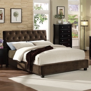 Item # 036Q Queen Bed - The low profile platform bed has a richly upholstered dark brown velvet headboard with repeating button tufting.