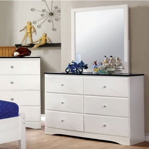 Item # 168DR Dresser - The bright white is beautifully contrasted by two color choices, which accentuate the tabletops and fence-inspired headboard<br><br>Crystal-Like Acrylic Drawer Pulls<br><br>