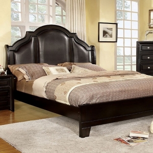 Item # 055Q Queen Bed - The dynamic crown padded headboard in espresso leatherette is the standout feature of this transitional bedroom suite. 