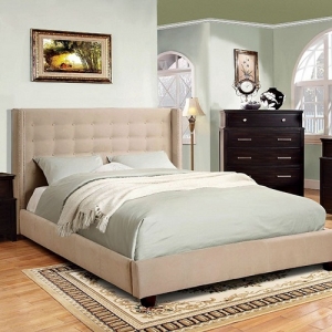 Item # 056Q Padded Flannelette Platform Queen Bed - The low profile bed has wingback headboard trimmed with copper nailheads. 