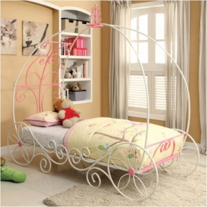 Item # A0009B - Twin Size Metal Carriage Bed<br>Available in Full Size Bed<br>Finish: Pink/White<br>Dimensions: 93 5/8L X 41 3/8W X 87 1/4H