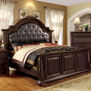 Item # 059Q Queen Bed - The headboard has a carved frame and is upholstered with button tufted leatherette in espresso. <br><Br>