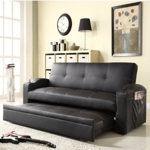 Item # 008FN Elegant Lounger - Baseball-stitched lining flawlessly lands on the black bi-cast vinyl surface while the back can be flattened and a pop-up trundle can be pulled out<br><br>Perfectly curved arms with cup holders and magazine pocket on side<br><br>