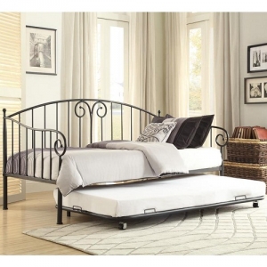 Item # 018MDB Metal Daybed W/ Trundle - Finished in black and features the design accent of whimsical swirls. When used as a bed, with the addition of the trundle, your sleep space capability doubles<br><br>