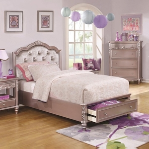 Item # 057FB Diamond Tufted Full Bed w/ Storage - Finish: Metallic Lilac w/ Metallic Lilac Leatherette<br><br>Available in White w/ Pink Leatherette<br><br>Available in Twin Size<br><br>Dimensions: 56.5W x 83.5D x 52H