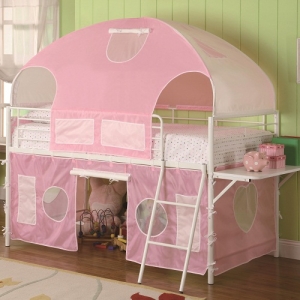 Item # 009TB Sweartheart White & Pink Tent Bunk Bed - Finish: Glossy White<br><br>Upholstery: Pink Fabric<br><br>Dimensions: 99.75W x 115.5D x 49.75H
