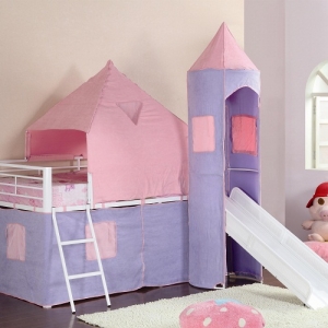 Item # 006TB Princess Castle Twin Loft Bed - Finish: Glossy White<br><br>Tent castle colors: Pink and Soft Purple<br><br>DImensions: 101W x 79.75D x 93.25H
