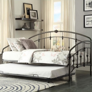 Item # 011MBD Metal Daybed W/ Trundle - Finished in a burnished bronze and is a sturdy in traditional styling. When used as a bed, with the addition of the trundle, your sleep space capability doubles<br><Br>