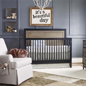 Item # 021CRB Convertible Crib - Backpack finish in the headboard, with a Chalkboard perimeter post, top rail and bottom rail<br><Br>Removable feet for two overall crib height options<br><Br>Three mattress heights<br<br>Fully finished mattress platform<br><Br>