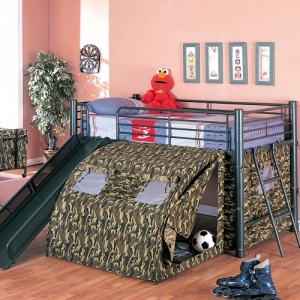 Item # 008TB Camouflage Lofted Bed with Slide and Tent - Finish: Army Green<br><br>Upholstery: Camouflage Fabric<br><br>Dimensions: 99.75W x 115.5D x 49.75H