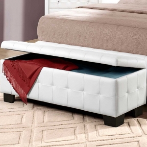 Item # 011SB Storage Bench - White bi-cast vinyl is featured not only on the tufted headboard, but on the drawer fronts of each case piece. Clear hardware is faceted for maximum sparkle and punctuates each drawer front.<br><br>
