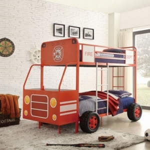 Item # 012TB Fire Engine Theme Bed - This metal framed bunk bed features a bright red finish with accents including tires, ladders and decals that lend a realistic flair to the firetruck theme. End of bed storage on the bottom bunk<br><br>