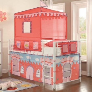 Item # 014TB Castle Loft Bed - The Metal Loft Bed is finished in a bright white that contrasts beautifully with the castle-themed tent and base wrap. Hook and look closures allow for easy access to the under-loft play area<br><br>