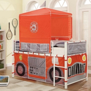 Item # 013TB Firetruck Loft Bed - The Metal Loft Bed is finished in a bright white that boldly contrasts with the firetruck-themed tent and base wrap.<br><Br>Hook and loop closures allow for easy access to the under-loft play area<br><br>