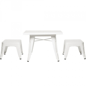 Item # 008KTCH White Table and Chair Set - Easy to wipe down post-play<br><br>Backless stools support good play posture<br><br>Stool stack for easy storage<br><br><b>Best for 2.5 - 6 year olds</b><br><Br>Flared legs for anti-tip safety<br><Br>Lead and phthalate safe with non-toxic