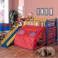 Item # 007TB Lofted Bed with Slide and Tent - Finish: Red, Blue and Yellow<br><br>Dimensions: 99.75W x 115.5D x 49.75H